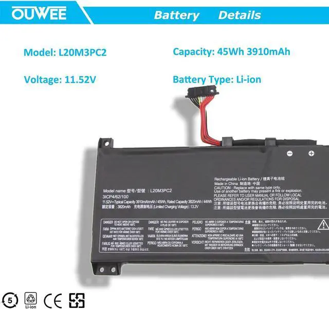 Alt view image 2 of 5 - OUWEE L20M3PC2 Laptop Battery Compatible with Lenovo Ideapad Gaming 3-15ACH6 Model 82K20015US 82K200UTUS Series SB11B96717 5B11B96718 L20D3PC2 5B11B96715 L20C3PC2 5B11B96719 45Wh 3910mAh 11.52V