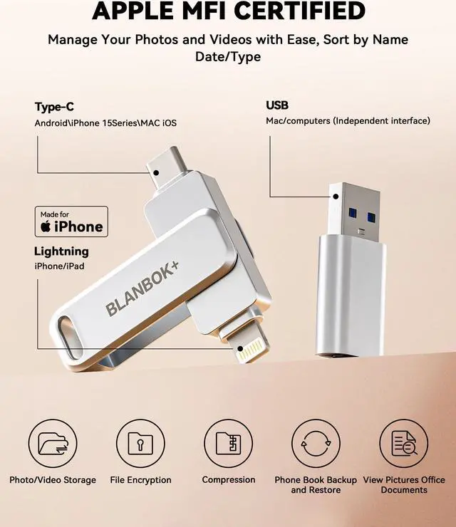 Alt view image 2 of 5 - MFi Certified 512GB Flash Drive for iPhone Photo Stick, USB Thumb Drive Memory Stick High Speed USB Drive Photo Storage for iPhone USB Stick Compatible for iPhone/iPad/Android/PC