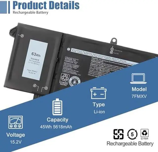 Alt view image 2 of 3 - VANPIR 7FMXV 63Wh Laptop Battery Replacement for Dell Latitude 7320 5320 7420 7520 Series TN2GY 9JM71 727CG CN-0727CG 15.2V 3941mAh