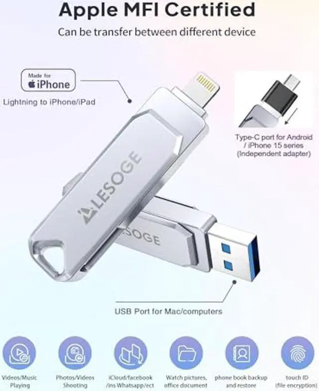 Alt view image 2 of 5 - MFi Certified Flash Drive 512GB Thumb Drive USB Memory Stick High Speed External Storage Jump Drive USB Stick Photo Stick for iPhone/iPad/Android/PC and More Devices