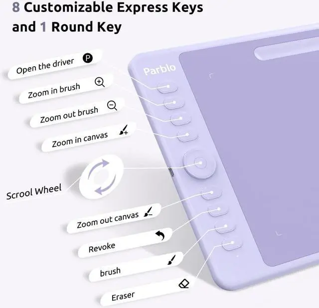 Alt view image 3 of 5 - Parblo Intangbo M Drawing Tablet 10x6 inch,Digital Graphic Tablet with 8192 Levels,Battery-Free Stylus and 8 Hot-Keys Drawing Pad,Work with Window/Mac,Android,Purple
