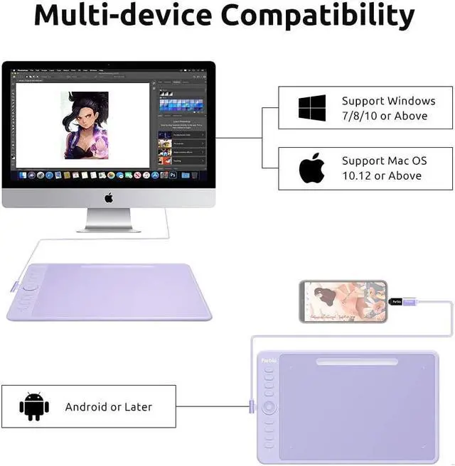 Alt view image 2 of 5 - Parblo Intangbo M Drawing Tablet 10x6 inch,Digital Graphic Tablet with 8192 Levels,Battery-Free Stylus and 8 Hot-Keys Drawing Pad,Work with Window/Mac,Android,Purple
