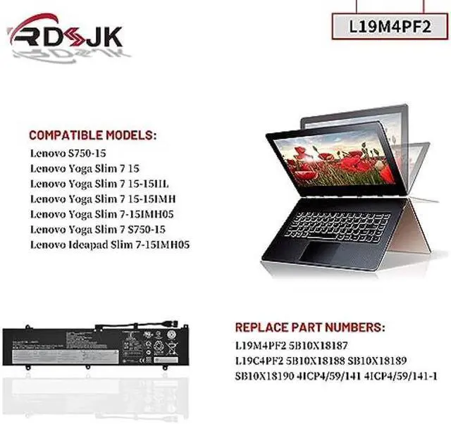 Alt view image 3 of 5 - L19M4PF2 L19C4PF2 Laptop Battery for Lenovo S750-15 Yoga Slim 7 15 15-15IIL 15-15IMH Yoga 7-15IMH05 Ideapad Slim 7-15IMH05 Slim 7 S750-15 Series 5B10X18187 5B10X18188 SB10X18189 SB10X18190 15.36V 70Wh