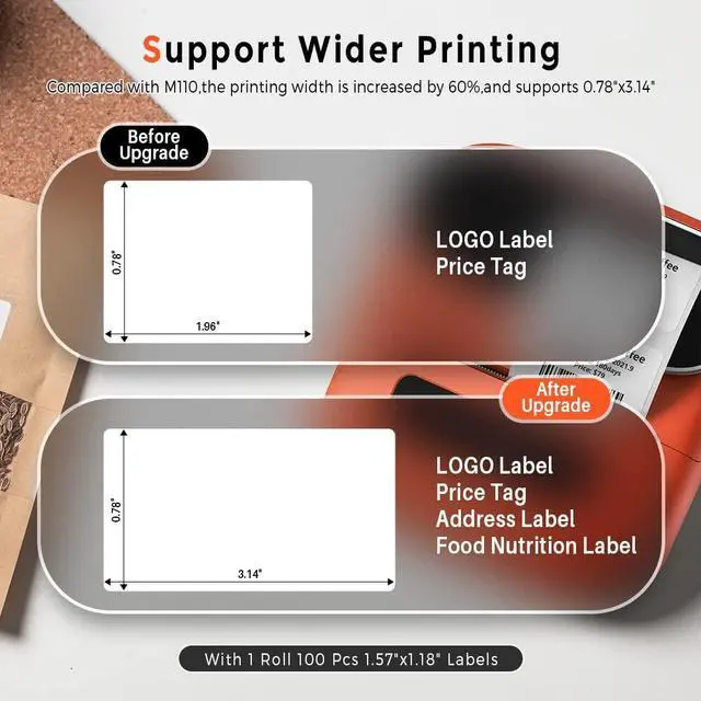 Alt view image 2 of 5 - Phomemo M220 Label Printer, Portable Barcode Printer, 3.14 Inch Bluetooth Thermal Label Maker for Barcodes, Name, Address, Clothing Labeling, for Office Home,Compatible with Phones and Some PC Orange