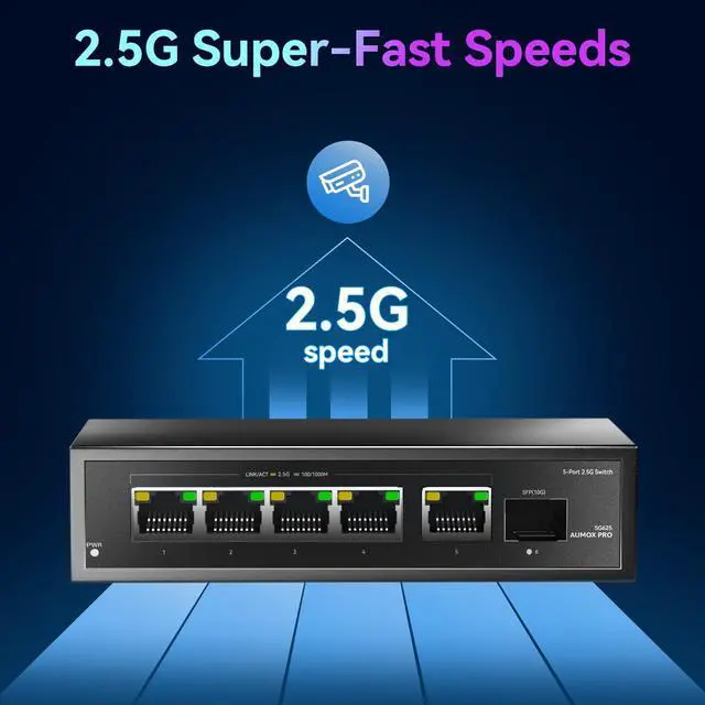 Alt view image 3 of 5 - 6 Port 2.5Gb Unmanaged Ethernet Switch with 5* 2.5G Base-T Ports, 1*10G SFP Ports, AUMOX PRO 60Gbps Switching Capacity Compatible with 100/1000/2500Mbps Plug and Play