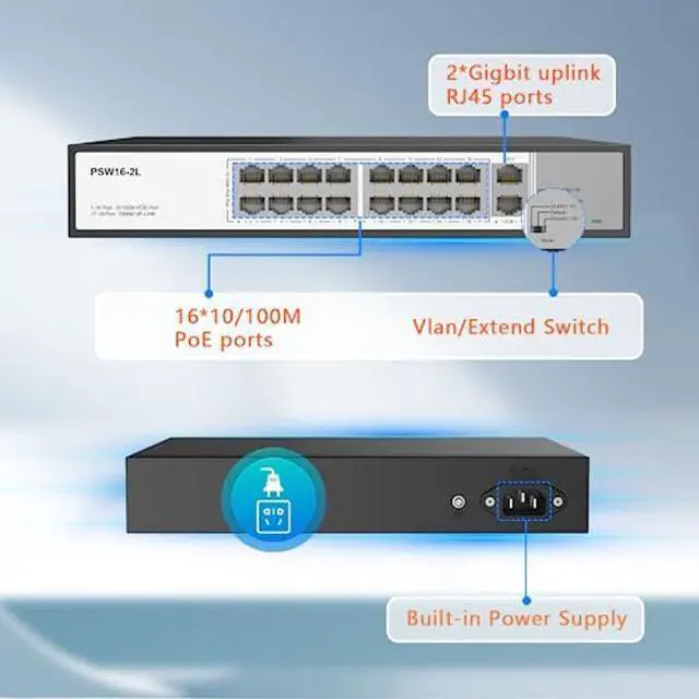 Alt view image 2 of 5 - Real HD 16 Port PoE Switch, 16 PoE+ 100Mbps Ports with 2 Gigabit Uplink Ethernet Ports, Unmanaged Plug and Play, Each Port Up to 30W, High Power 300W, 803.af/at Compliant, Rack Mount