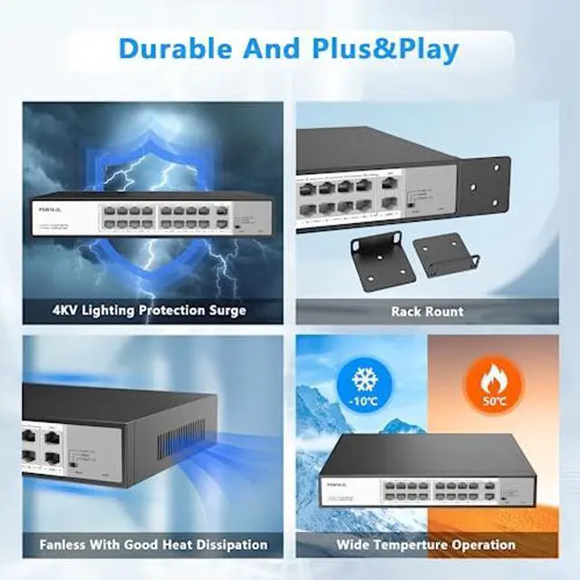 Alt view image 4 of 5 - Real HD 16 Port PoE Switch, 16 PoE+ 100Mbps Ports with 2 Gigabit Uplink Ethernet Ports, Unmanaged Plug and Play, Each Port Up to 30W, High Power 300W, 803.af/at Compliant, Rack Mount
