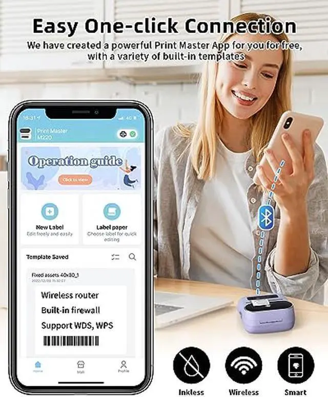 Alt view image 2 of 5 - Phomemo M220 Label Maker, Bluetooth Thermal Label Maker for Barcode, Address, Home, Mailing, Small Business,Clothing, Portable Wireless Label Printer with 1 Rolls Label, Purple