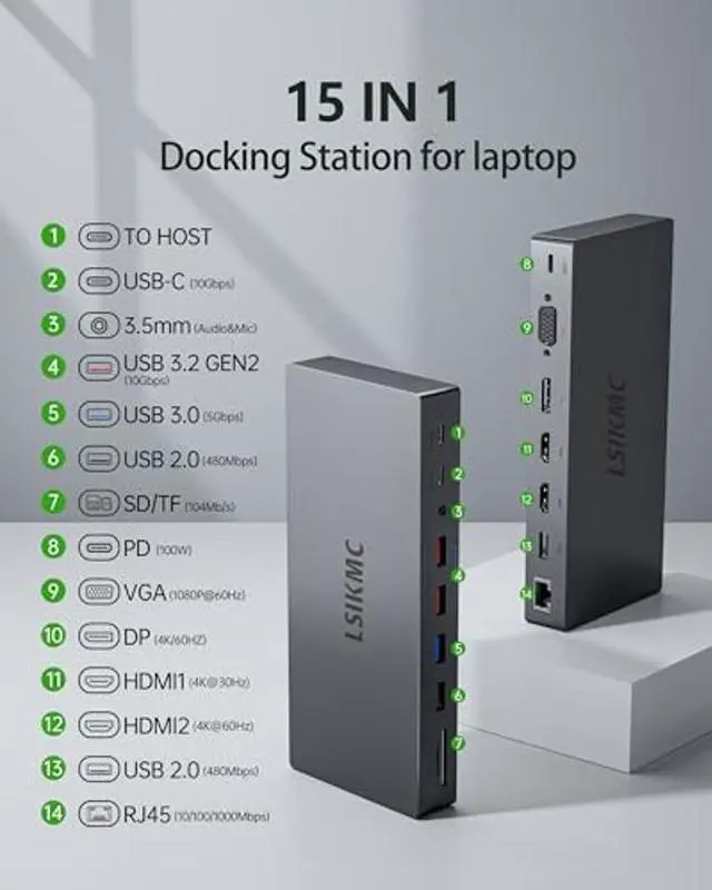 Alt view image 2 of 5 - Dual Monitor Docking Station, Multi-Port USB C Dock(15-in-1) Supports Dual/Triple Display with 2 HDMI, DP, VGA, 100W PD, Ethernet, 4 USB Ports, SD/TF Card Slots, Compatible with USB C Laptops