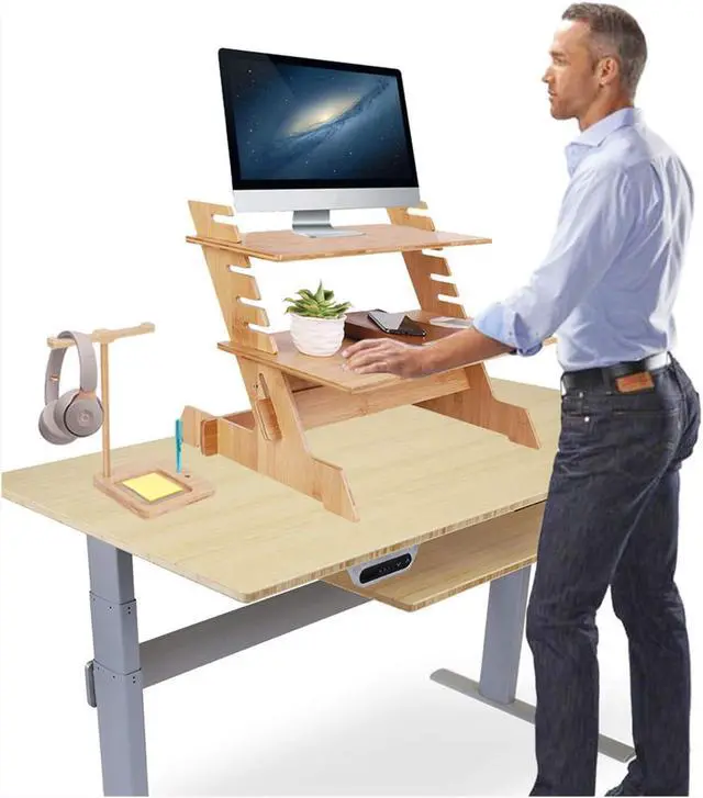 Alt view image 2 of 5 - Wisfor Bamboo Standing Monitor Stand Desk Convertor Riser for Monitor Adjustable Height Standup Desk Top Laptop Workstation with Phone Headset Holder