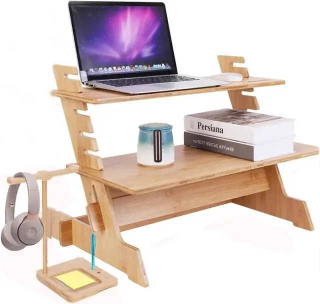 Alt view image 3 of 5 - Wisfor Bamboo Standing Monitor Stand Desk Convertor Riser for Monitor Adjustable Height Standup Desk Top Laptop Workstation with Phone Headset Holder