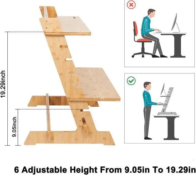 Alt view image 4 of 5 - Wisfor Bamboo Standing Monitor Stand Desk Convertor Riser for Monitor Adjustable Height Standup Desk Top Laptop Workstation with Phone Headset Holder