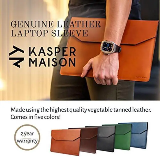 Alt view image 2 of 5 - Kasper Maison Premium 14 inch Genuine Leather Laptop Sleeve Case - Compatible with 2021 MacBook Pro 14 Inch Sleeve, MacBook M1 Pro, MacBook M1 Max Sleeve, HP Envy x360 Sleeve - Blue