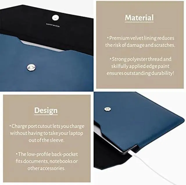 Alt view image 3 of 5 - Kasper Maison Premium 14 inch Genuine Leather Laptop Sleeve Case - Compatible with 2021 MacBook Pro 14 Inch Sleeve, MacBook M1 Pro, MacBook M1 Max Sleeve, HP Envy x360 Sleeve - Blue
