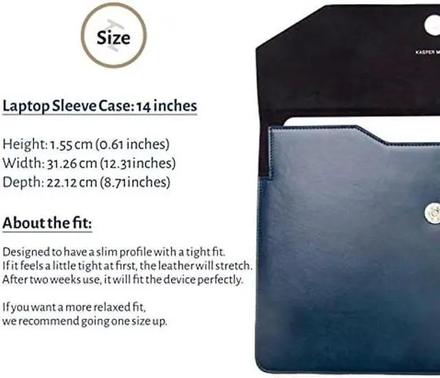 Alt view image 4 of 5 - Kasper Maison Premium 14 inch Genuine Leather Laptop Sleeve Case - Compatible with 2021 MacBook Pro 14 Inch Sleeve, MacBook M1 Pro, MacBook M1 Max Sleeve, HP Envy x360 Sleeve - Blue