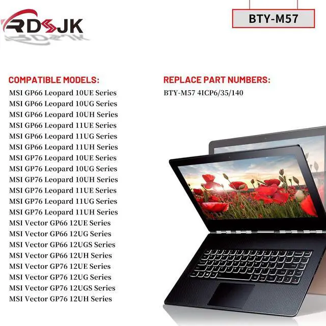 Alt view image 2 of 3 - BTY-M57 Laptop Battery for MSI GP66 GP76 Leopard 10UE 10UG 10UH 11UE 11UG 11UH 10UE-065ES 10UG-026NL 10UH-263 Vector GP66 GP76 12UE 12UG 12UGS 12UH 12UE-045NL 12UGS-028CA 12UH-603ES Series 15.2V 65Wh