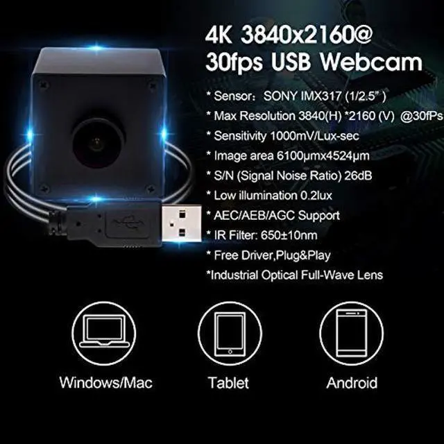 Alt view image 2 of 5 - Hotpet 3840x2160 4K Video Surveillance USB Camera 4K Webcam with Sony IMX317 Sensor USB Webcamera for Industrial, 30fps USB Web Camera with Mini Case Mini Camera Support Most OS Web Cams