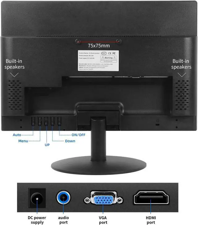 Alt view image 5 of 5 - Thinlerain 15 inch PC Monitor Desktop Monitor with 1440x900, Small Monitor with 16:10 LED Monitor, TFT Panel, 60 Hz, 5Ms, VGA, HDMI, Built-in Speakers