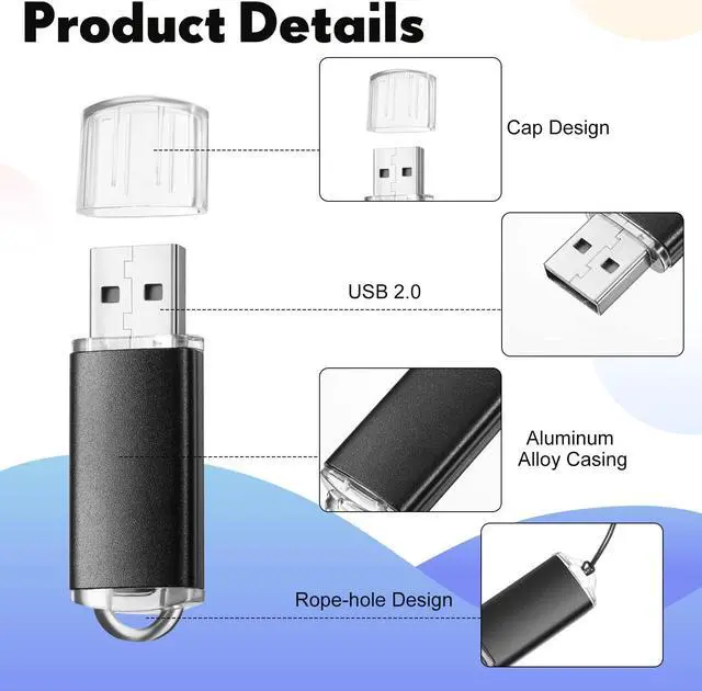 Alt view image 3 of 5 - Hoteam 50 Pcs USB 2.0 Flash Drives Bulk, Portable USB Thumb Drive with 50 Black Lanyard, USB Protective Cover Flash Drives for Office School Data Storage, Black (8GB)