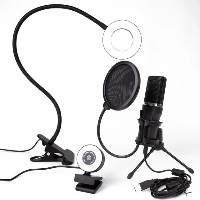 Main image of Live Streaming Kit- Perfect for Streaming Video Games on Twitch, YouTube, Podcasts and Working from Home. Includes 1920x1080p Webcam, Professional USB Microphone, and One LED Multi-Color Ringlight.