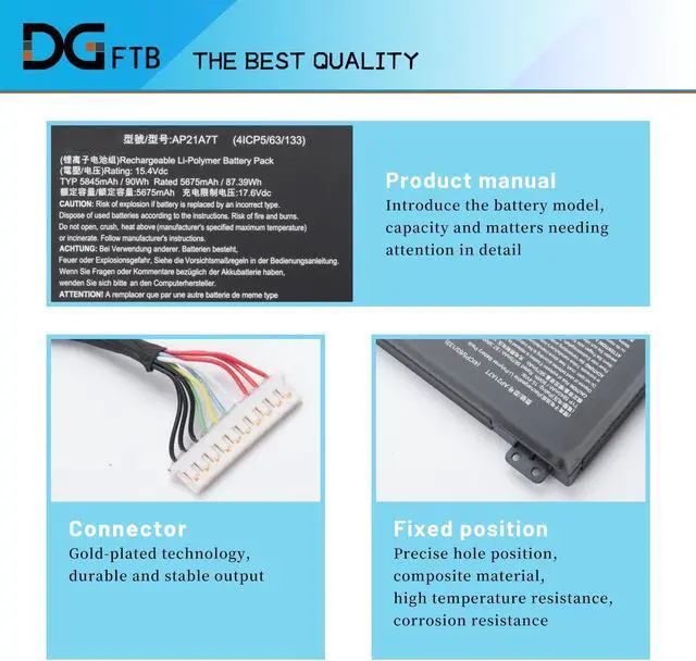 Alt view image 2 of 5 - DGFTB AP21A8T AP21A7T Laptop Battery for Acer Predator Helios 300 PH317-56-78LY PH315-55-72EA PH315-55-770K PH315-55-965Z PH317-56-78SM PH315-55-78L7 Nitro 5 AN517-55-50NF (15.4V 90Wh/5845mAh)