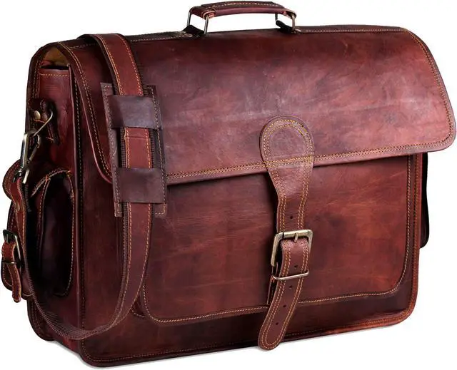Main image of HULSH Handmade Vintage Rustic Leather Messenger Bag, 18 Inch Laptop Bag, Briefcase, Computer Bag, Satchel for Men | Carry It All with Ease! Easy Open Push Lock