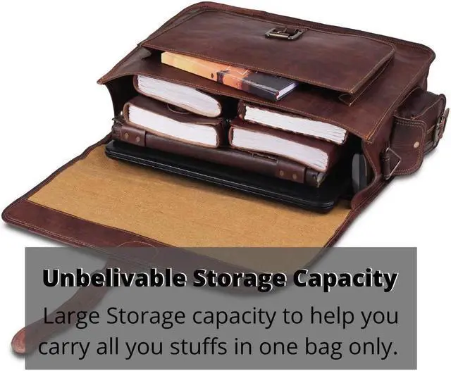 Alt view image 5 of 5 - HULSH Handmade Vintage Rustic Leather Messenger Bag, 18 Inch Laptop Bag, Briefcase, Computer Bag, Satchel for Men | Carry It All with Ease! Easy Open Push Lock