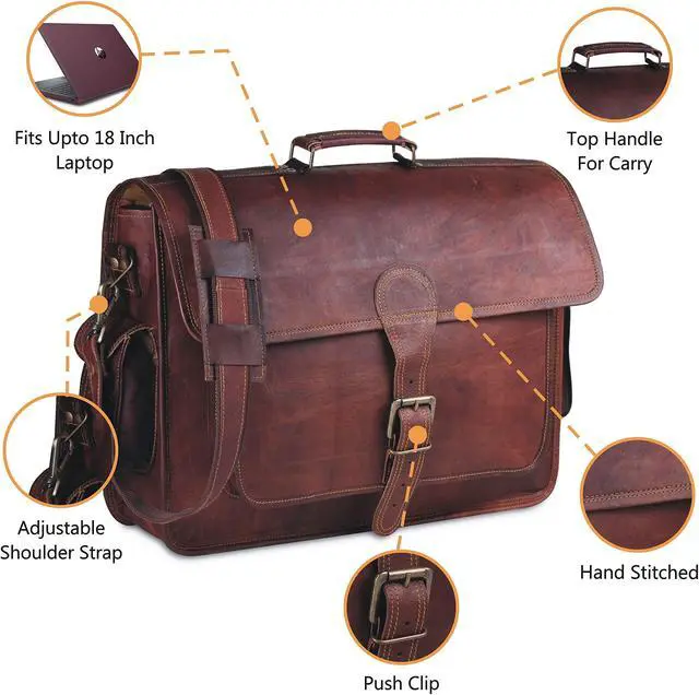 Alt view image 2 of 5 - HULSH Handmade Vintage Rustic Leather Messenger Bag, 18 Inch Laptop Bag, Briefcase, Computer Bag, Satchel for Men | Carry It All with Ease! Easy Open Push Lock