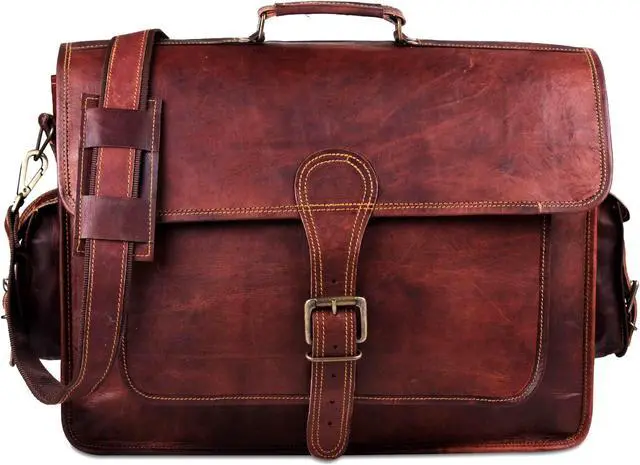 Alt view image 3 of 5 - HULSH Handmade Vintage Rustic Leather Messenger Bag, 18 Inch Laptop Bag, Briefcase, Computer Bag, Satchel for Men | Carry It All with Ease! Easy Open Push Lock