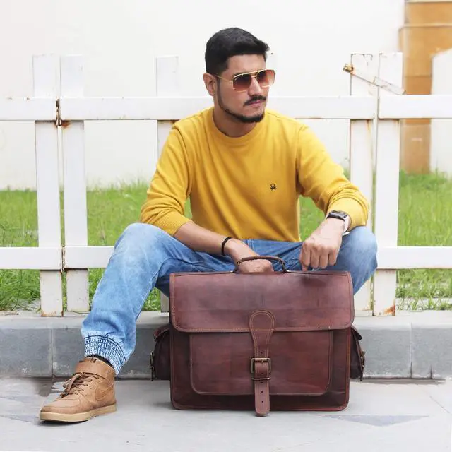 Alt view image 4 of 5 - HULSH Handmade Vintage Rustic Leather Messenger Bag, 18 Inch Laptop Bag, Briefcase, Computer Bag, Satchel for Men | Carry It All with Ease! Easy Open Push Lock