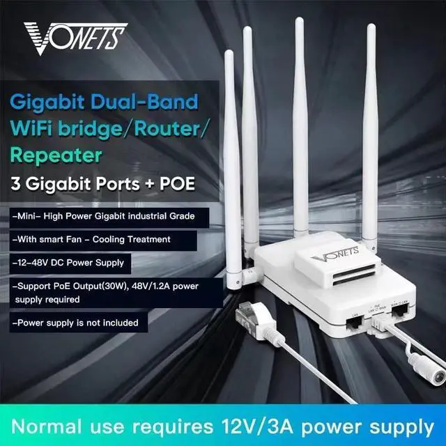 Alt view image 3 of 5 - Vonets VAR1200-H Industrial Gigabit Mini Dual Band Smart WiFi Bridge/Wireless Router/WiFi to Ethernet Adapter 1200Mbps with 1 Cooling Fan, 2 Gigabit LAN Ports, 1 Gigabit RJ45, PoE/DC Power Support