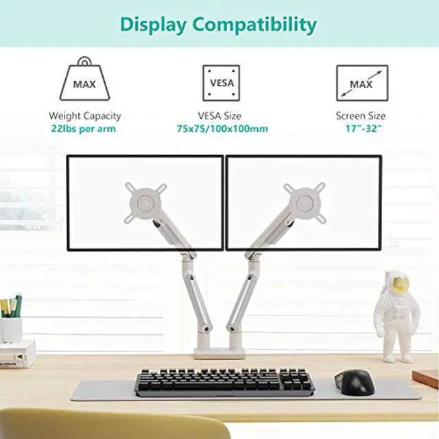 Alt view image 3 of 5 - WALI Dual Monitor Stand White Arms Mounts, for 2 Monitors, Mechanical Spring Tension Indicator Fully Adjustable Bracket, Up to 32 inch, 22lbs Weight Capacity (MATI002-W), White