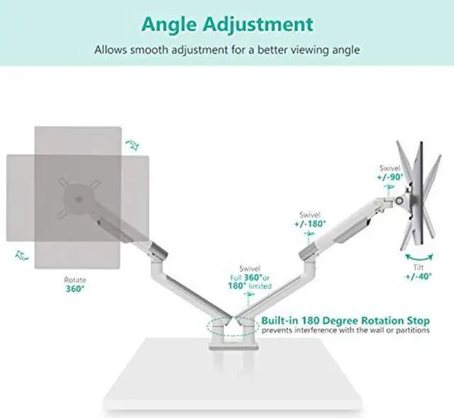 Alt view image 5 of 5 - WALI Dual Monitor Stand White Arms Mounts, for 2 Monitors, Mechanical Spring Tension Indicator Fully Adjustable Bracket, Up to 32 inch, 22lbs Weight Capacity (MATI002-W), White