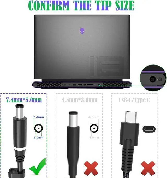 Alt view image 2 of 5 - 330W 19.5V 16.92A GaN AC Charger for Dell G16 7630 7620 G15 Alienwar X51 X17 R1 R2 M17 R3 R4 M18x R1 R2 R3 Area-51m R1 R2 ADP-330AB D DA330PM111 DA330PM190 LA330PM190 Laptop Power Supply Cord