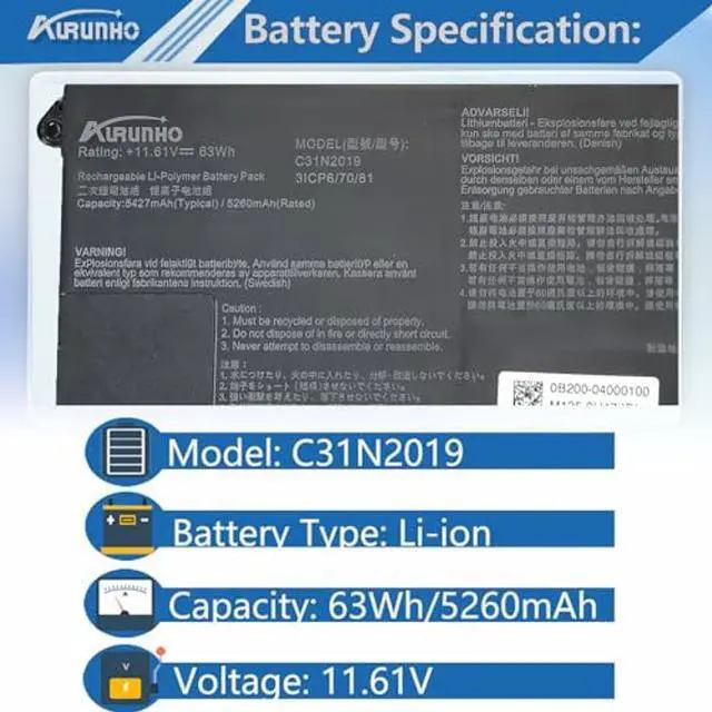 Alt view image 2 of 5 - AURUNHO C31N2019 C31N2019-1 63Wh Laptop Battery Replacement for Battery for Asus VivoBook Pro 14X OLED M7400 15 OLED M3500QC 11.61V