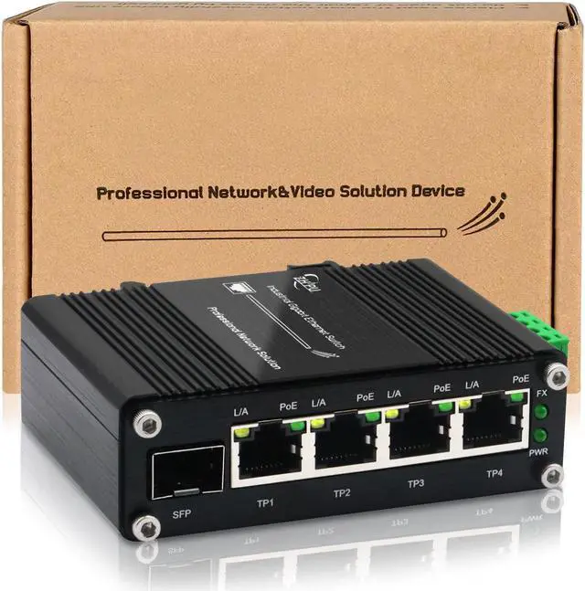 Main image of Industrial 4-Port 10/100/1000Mbps Gigabit PoE Switch with SFP Slot, 5-Port IEEE 802.3at PoE Ethernet Switch Supporting Din-Rail, 10 Gbps Switching Capacity, 12~48V DC Input and Voltage Booster