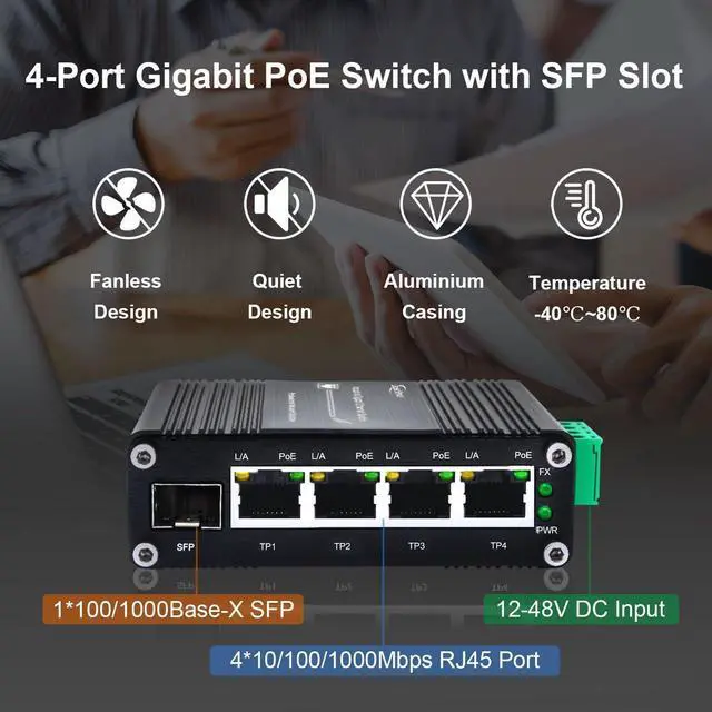 Alt view image 2 of 5 - Industrial 4-Port 10/100/1000Mbps Gigabit PoE Switch with SFP Slot, 5-Port IEEE 802.3at PoE Ethernet Switch Supporting Din-Rail, 10 Gbps Switching Capacity, 12~48V DC Input and Voltage Booster