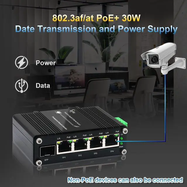 Alt view image 3 of 5 - Industrial 4-Port 10/100/1000Mbps Gigabit PoE Switch with SFP Slot, 5-Port IEEE 802.3at PoE Ethernet Switch Supporting Din-Rail, 10 Gbps Switching Capacity, 12~48V DC Input and Voltage Booster