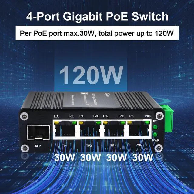 Alt view image 4 of 5 - Industrial 4-Port 10/100/1000Mbps Gigabit PoE Switch with SFP Slot, 5-Port IEEE 802.3at PoE Ethernet Switch Supporting Din-Rail, 10 Gbps Switching Capacity, 12~48V DC Input and Voltage Booster