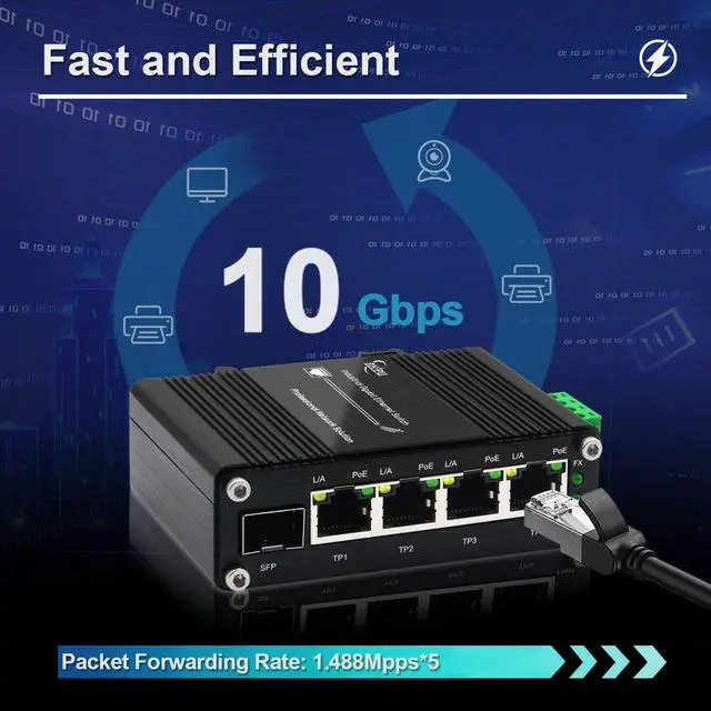 Alt view image 5 of 5 - Industrial 4-Port 10/100/1000Mbps Gigabit PoE Switch with SFP Slot, 5-Port IEEE 802.3at PoE Ethernet Switch Supporting Din-Rail, 10 Gbps Switching Capacity, 12~48V DC Input and Voltage Booster