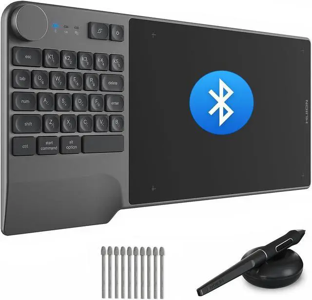 Main image of HUION Inspiroy Keydial KD200 Wireless Drawing Tablet, Bluetooth Graphic Tablet with Keyboard Dial 5 Customized Keys Battery-Free Pen with 10pcs Felt Pen Nibs, Art Tablet Work with Windows,Mac,Android