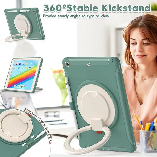 Alt view image 3 of 5 - BATYUE iPad 9th/ 8th/ 7th Generation Case (iPad 10.2 Case 2021/2020/2019) with Screen Protector,Rugged Case with Rotating Stand/Pencil Holder/Pencil Cap Holder (Emerald Green)
