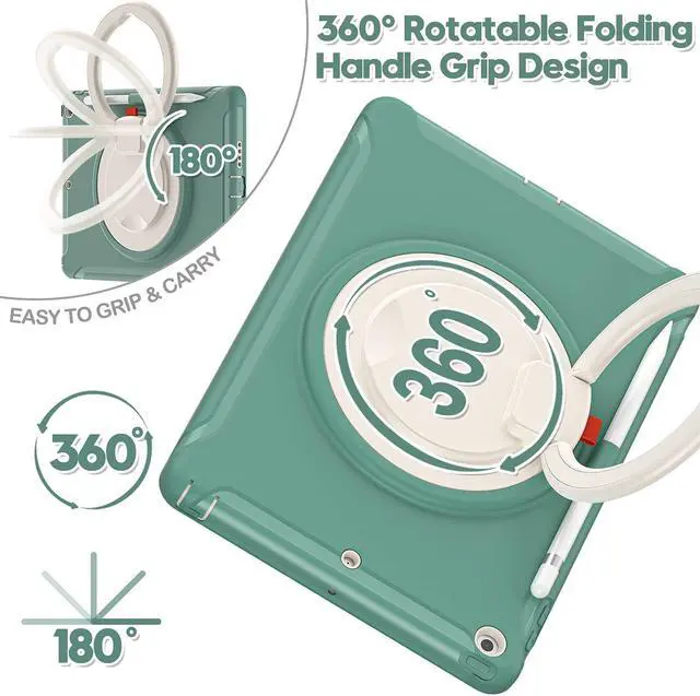 Alt view image 2 of 5 - BATYUE iPad 9th/ 8th/ 7th Generation Case (iPad 10.2 Case 2021/2020/2019) with Screen Protector,Rugged Case with Rotating Stand/Pencil Holder/Pencil Cap Holder (Emerald Green)