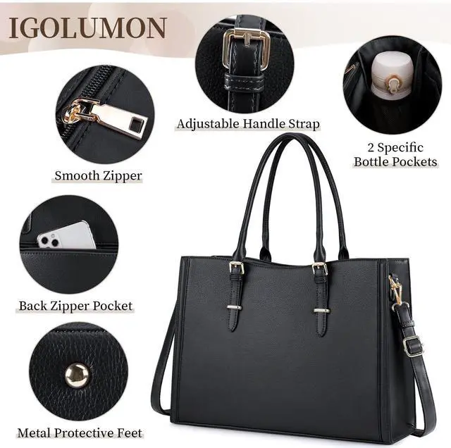 Alt view image 3 of 5 - IGOLUMON Laptop Bag for Women 15.6 Inch Waterproof Laptop Tote Bag Leather Work Bag Computer Briefcase Office Professional Large Capacity Handbag Shoulder Bag Black