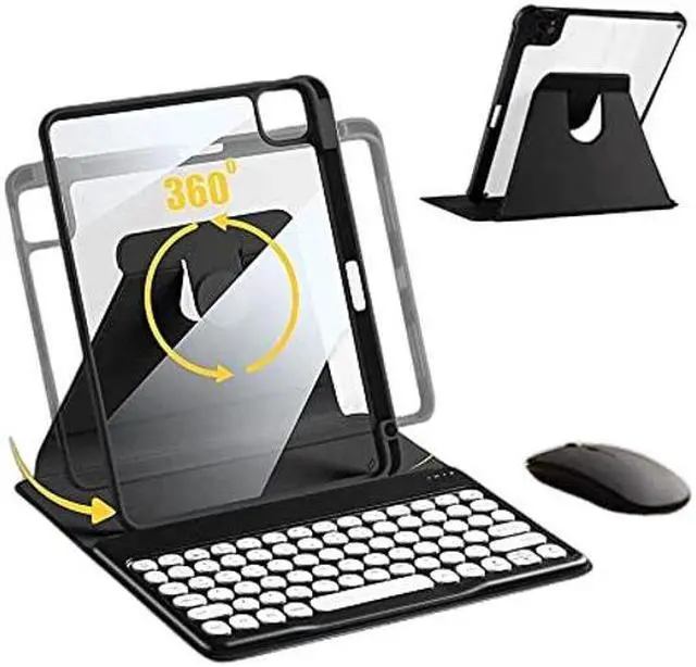 Main image of AnMengXinLing iPad 10th Gen 2022 Case with Keyboard and Mouse, 360 Rotatable iPad 10 2022 Keyboard Case,Clear Back Shell Cover with Pencil Holder and Detachable Round Key Keyboard (Black)