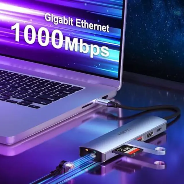 Alt view image 4 of 5 - USB C Hub Ethernet Multiport Adapter, KOZYC 7-in-1 USB C Hub with HDMI 4K@60Hz, 1Gbps Ethernet, 100W PD, 2 USB 3.2 Gen2 10Gbps Data, SD/TF Card Slots Port, Compatible with MacBook Air/Pro, XPS13/15