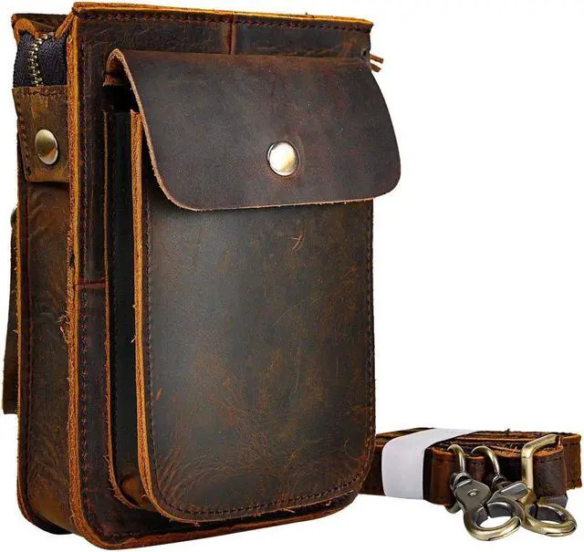 Main image of Le'aokuu Mens Genuine Leather Fanny Small 8" Sling Messenger Shoulder Satchel Waist Bag Pack (The 021 Dark Brown)