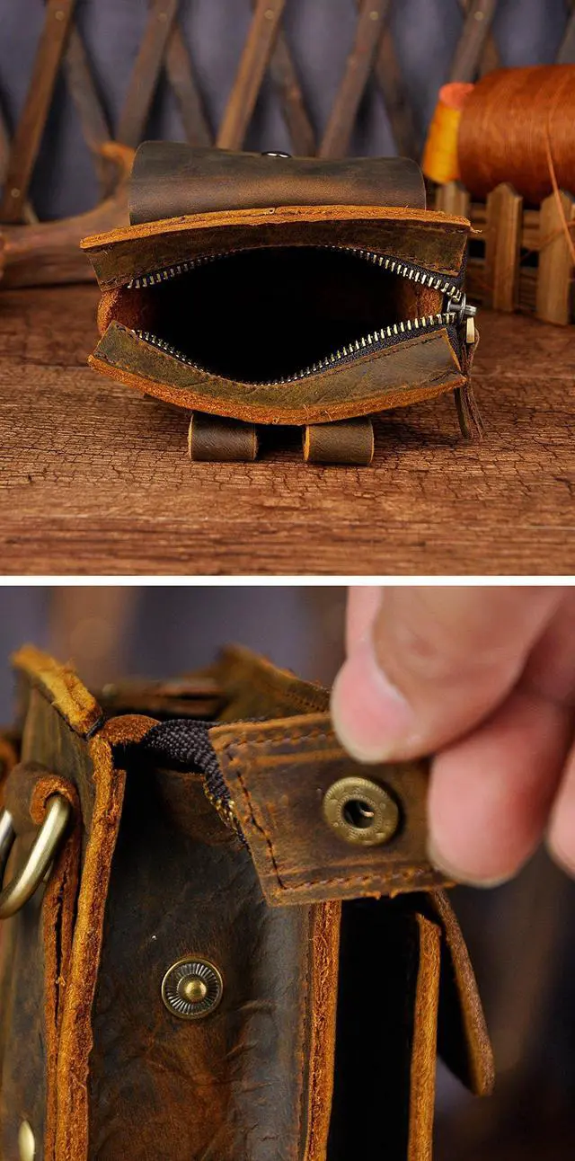 Alt view image 5 of 5 - Le'aokuu Mens Genuine Leather Fanny Small 8" Sling Messenger Shoulder Satchel Waist Bag Pack (The 021 Dark Brown)