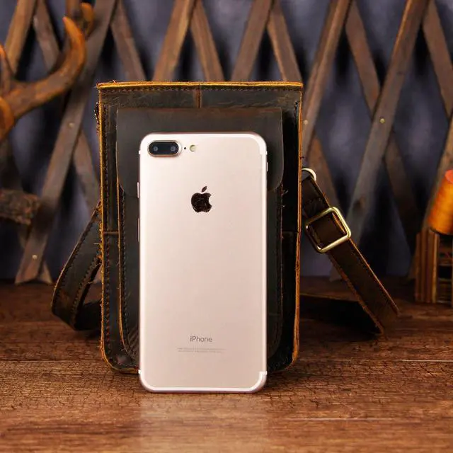 Alt view image 3 of 5 - Le'aokuu Mens Genuine Leather Fanny Small 8" Sling Messenger Shoulder Satchel Waist Bag Pack (The 021 Dark Brown)