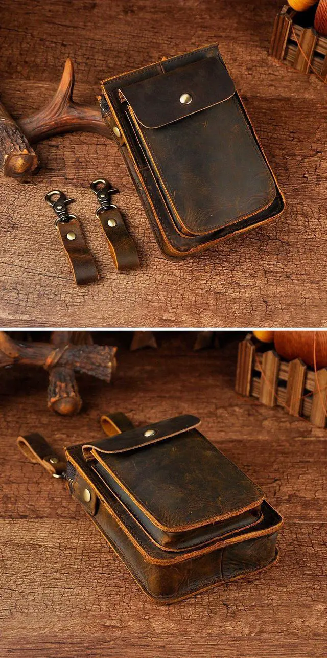 Alt view image 4 of 5 - Le'aokuu Mens Genuine Leather Fanny Small 8" Sling Messenger Shoulder Satchel Waist Bag Pack (The 021 Dark Brown)